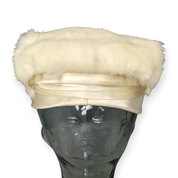 Vintage Ivory Rabbit Fur Pill Box Hat with Rhinestone Accent - Picture 5 of 12